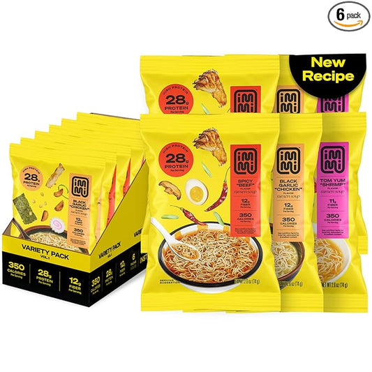 immi Variety Pack Ramen – Spicy “Beef,” Black Garlic “Chicken” & Tom Yum “Shrimp” – Vegan, High Protein Ramen Noodles – Low Carb, Zero Sugar – Healthy Keto-Friendly Ramen Bowls, 6-Pack