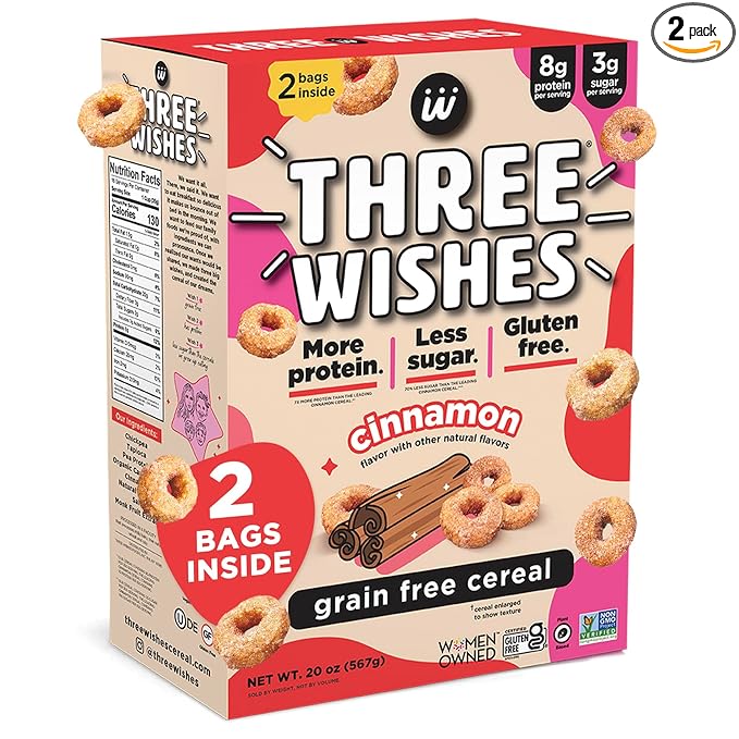 Three Wishes Grain-Free & Protein Cereal - Healthy, Low Sugar & Gluten-Free Breakfast Cereal - Low Carb, Plant-Based, Vegan & Non-GMO - Cinnamon (Big Box), 2-Pack