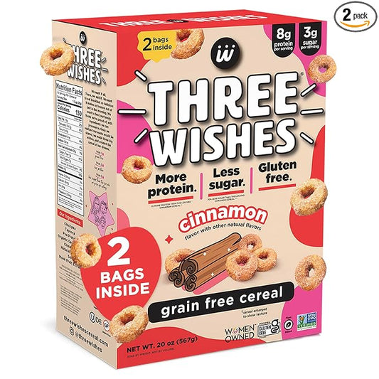 Three Wishes Grain-Free & Protein Cereal - Healthy, Low Sugar & Gluten-Free Breakfast Cereal - Low Carb, Plant-Based, Vegan & Non-GMO - Cinnamon (Big Box), 2-Pack