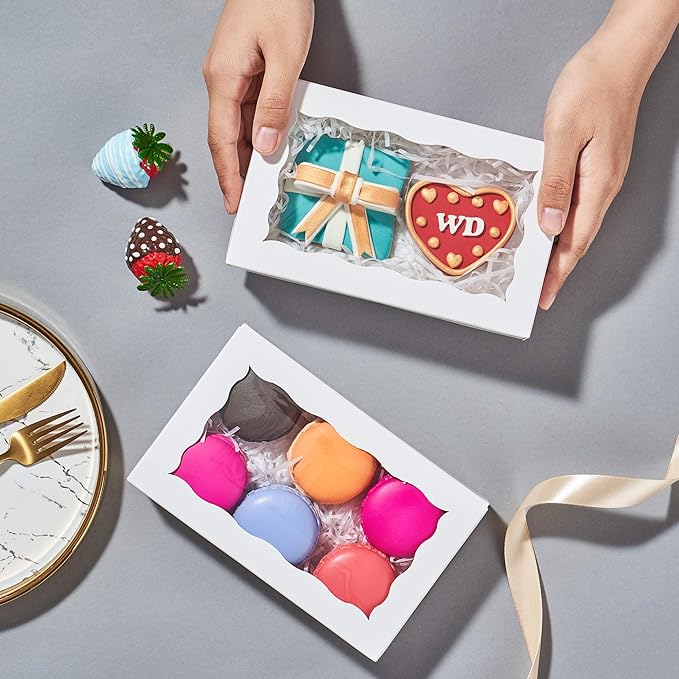 RomanticBaking 50 Pack White Cookies Boxes 7 x 4 3/8 x 1 1/2inches Auto-Popup Sturdy Bakery Boxes with Window,Macaron Boxes Hot Chocolate Bombs Boxes Cakesicle Boxes