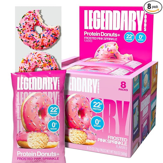 Legendary Foods Protein Donuts - 22g Protein, Pink Sprinkle, Zero Sugar Snack, Gluten Conscious, Low Carb, Keto Suitable, Diabetic and GLP-1 Diets - 8 Pack with Two Donuts per pack