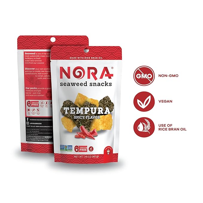 Spicy Tempura Seaweed Snacks by Nora, Thick Nori Sheets Snack Strips, Low-Carb Healthy Snacks for Adults, Asian Snacks, Vegan, Non-GMO, 6-Pack