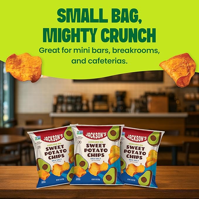 Jackson’s Sweet Potato Kettle Chips with Sea Salt made with Premium Avocado Oil (1.5 Ounce, Pack of 28) - Allergen-friendly, Gluten Free, Peanut Free, Vegan, Paleo Friendly - Shark Tank Product