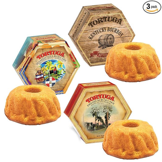 TORTUGA Gourmet Trio Gift Pack - Kentucky Bourbon, Mamajuana & Flor De Cana - 3 Cakes 16oz - The Perfect Premium Gourmet Gift for Stocking Stuffers, Gift Baskets, and Christmas Gifts - Great Cakes for Delivery
