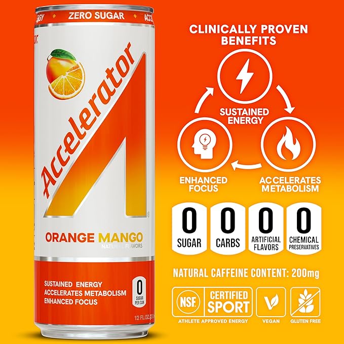 Accelerator Energy Drink, Orange Mango 12oz can (12 pack), Zero Sugar, Sustained Energy from 100% Natural Caffeine (200mg from Green Coffee Bean & Green Tea extract)
