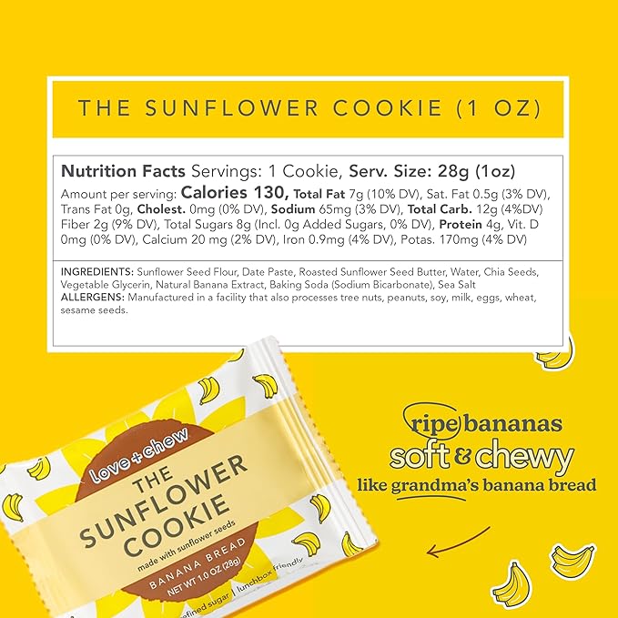 Love + Chew Soft Baked Protein Cookies, Gluten Free | (18) Count Sunflower Banana Bread Minis | Vegan, Paleo, Non GMO and Packed with Superfoods. - Individually Wrapped, and Made from Sunflower Seeds