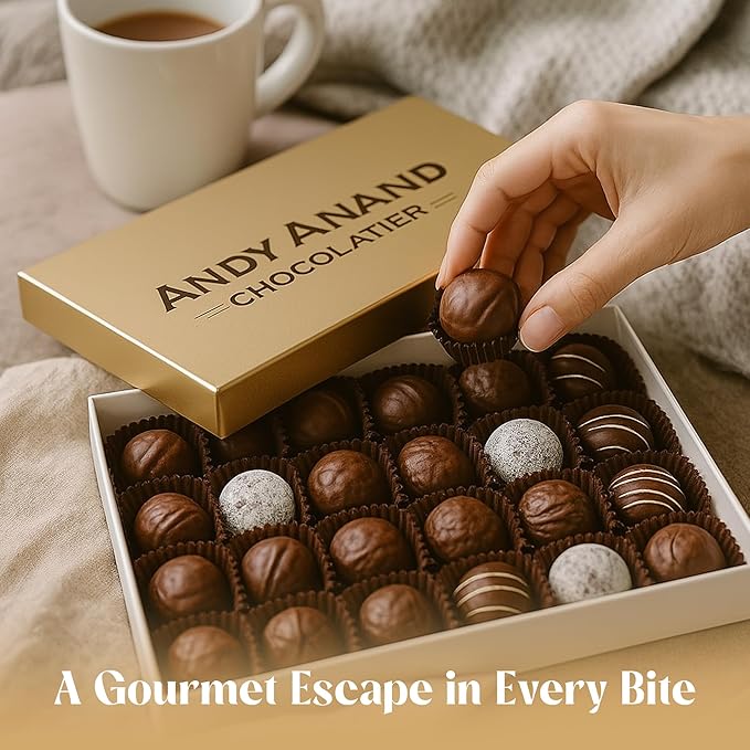 Andy Anand Chocolatier Belgian Chocolate Truffles Gift Box – Gluten Free Premium Flavor-Inspired Assortment, Rich & Decadent Gourmet Truffles for Chocolate Lovers (24 Pcs)