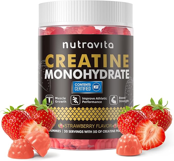 Nutravita NSF Certified Creatine Gummy - Creatine Monohydrate Gummies for Men & Women-5g of Creatine Monohydrate per Serving - Sugar Free,Vegan, Strawberry Flavor, 120 Count