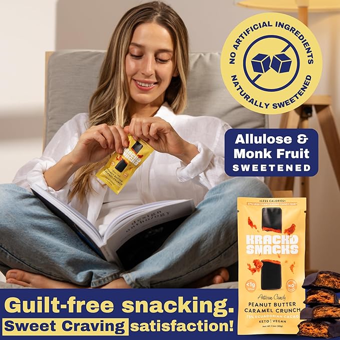 Krack’d Snacks Keto Chocolate Snack Bars 10 Pk | Handmade Low Carb, Sugar Free Dark Chocolates with Peanut Butter, Caramel Crunch, Allulose | Vegan, Non-GMO, Gluten Free Chocolate Candy Bar
