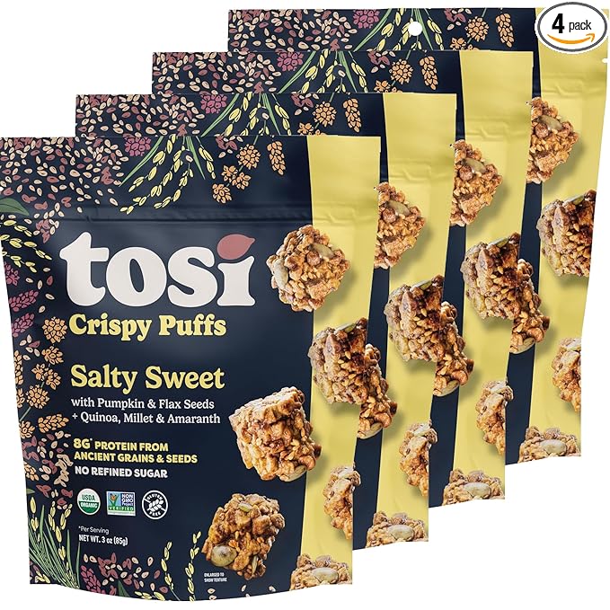 Tosi Crispy Puffs (3oz, 4 Pack), Vegan Crunchy Snacks, 8g Plant Based Protein, Nut-Free, Allergen Friendly, Healthy Snacks for Adults & Kids, Gluten Free Treats, Ancient Grains (Salty Sweet)