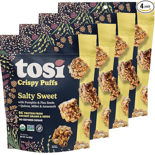 Tosi Crispy Puffs (3oz, 4 Pack), Vegan Crunchy Snacks, 8g Plant Based Protein, Nut-Free, Allergen Friendly, Healthy Snacks for Adults & Kids, Gluten Free Treats, Ancient Grains (Salty Sweet)