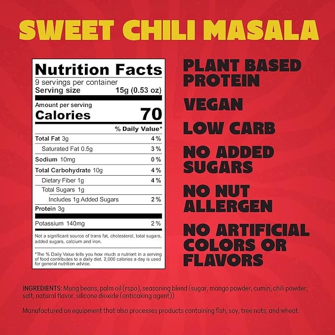 Daal By Keen Crunchy Mung Bean Snacks – Sweet Chili Masala – Plant-Based Protein, High Fiber, Gluten-Free, Nut-Free – Mix into Salads or Enjoy as an On-the-Go Snack – 1 Resealable Pack, 4.76 oz