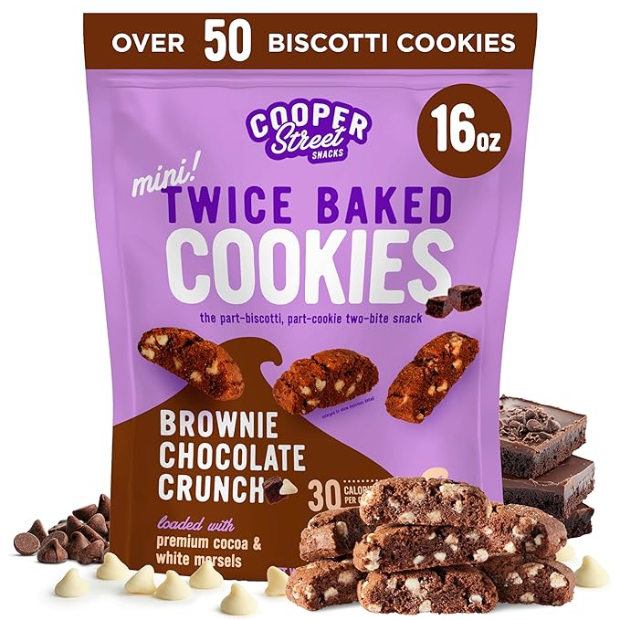 Cooper Street Twice-Baked Brownie Chocolate Biscotti Cookies (16 oz) - Over 50 Two-Bite Mini Italian Style Biscotti Snacks - Dairy-Free, Peanut Free, Kosher, Low-Calorie, Perfect with Coffee or Tea