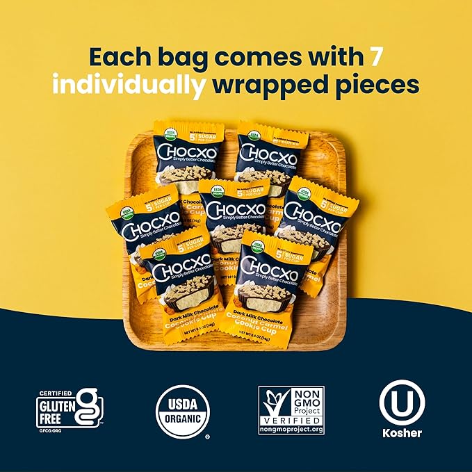Chocxo Dark Milk Coconut Caramel Cookie Cups - Lower Sugar, Organic, NonGMO, Keto, Gluten Free, Kosher. 58% Cacao, No Artificial Sweeteners/Sugar Alcohols, 3.45 oz (Pack of 6)