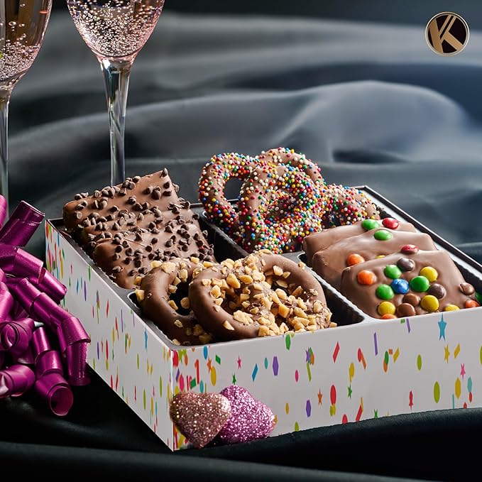 KREMERY Creamy Chocolate Cravings - Valentines Day Chocolate Covered Pretzel Twists & Grahams Cookies Gift Basket, in Confetti Gift Box (12 Count, Assorted Sweet Toppings) Sweet Treats, Kosher