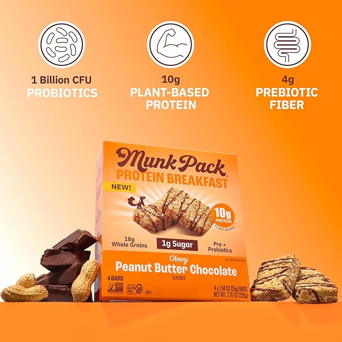 Munk Pack Variety Pack Probiotic Protein Bars | 10g Plant Protein, 1g Sugar, 6g Fiber |Diabetic-Friendly Ideal Breakfast Bars - On-the-Go Snacks, Gluten-Free, Non-GMO | 12 Count