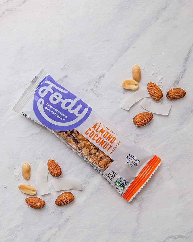 Fody Foods Snack Bars, Almond Coconut, 1.41 Oz (Pack of 12), 6g Protein, Low FODMAP, Gut & IBS Friendly, Vegan, Lactose Free, Non-GMO, Gluten Free