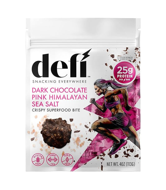 DEFI Dark Chocolate Pink Himalayan Sea Salt Crispy Superfood High-Protein Bites – 25g of Protein per Serving, Gluten-Free, Non-GMO, Kosher – Ideal On-the-Go Snack for Active Lifestyles