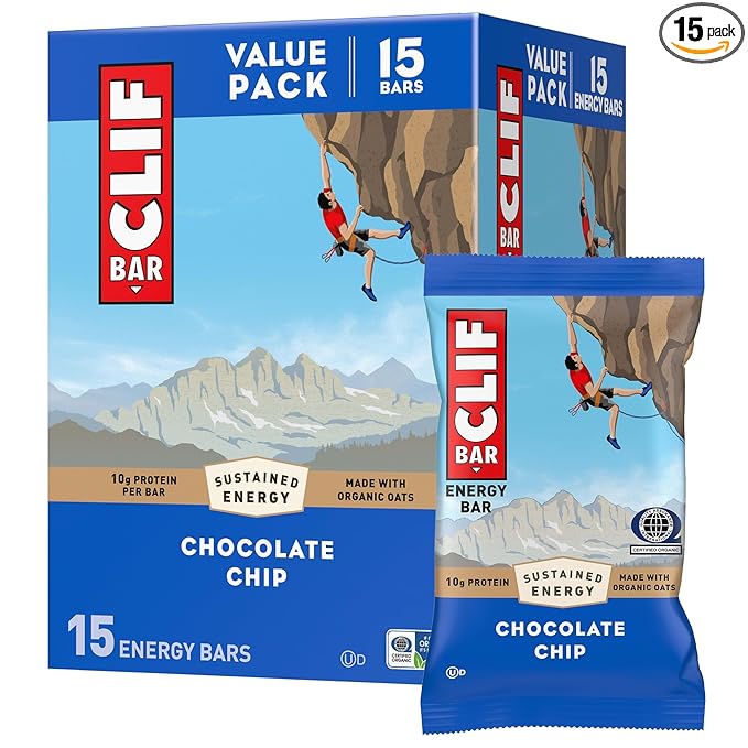CLIF BAR - Energy Protein Bars - Chocolate Chip - Made with Organic Oats - Energy Bars - Non-GMO - (15 Pack)