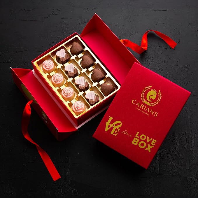 Carian’s Bistro Belgian Chocolate Gift Box of Love, Luxury Milk Chocolates with Strawberry and Hazelnut Cream, Great For Gift Giving, Valentine's Day and Anniversary for Lovers, 12 pc.