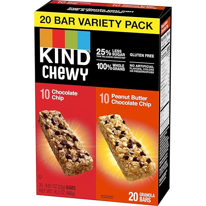 KIND Chewy Granola Bars, Variety Pack, Chocolate Chip and Peanut Butter Chocolate Chip, Gluten Free, 100 Calories, Whole Grains and Oats, 20 Count