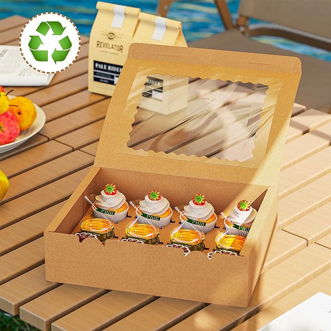 EffiQ-Rate 50 PCS Cupcake Boxes, 12-Count Cupcake Containers with Window, Brown Pastry Boxes with Inner Tray & 50 Stickers for Dessert, Party, Birthday, Holiday (12.8x9.84x3.54 Inch)