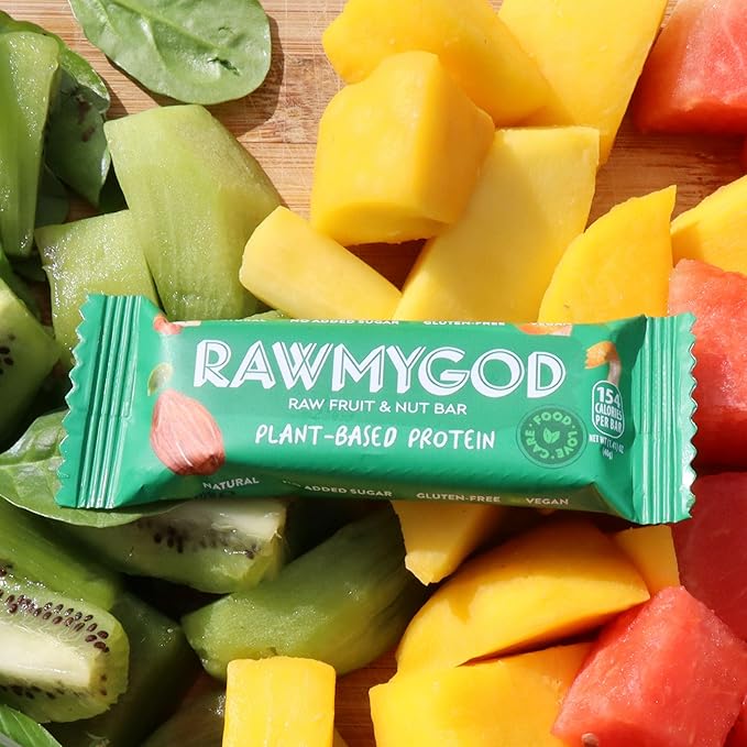 RAWMYGOD Fruit and Nut Bars, Good Source of Protein (4.8g, 12% protein content), Gluten Free, Vegan, No Added Sugar (16 bars, Fruit & Nuts)