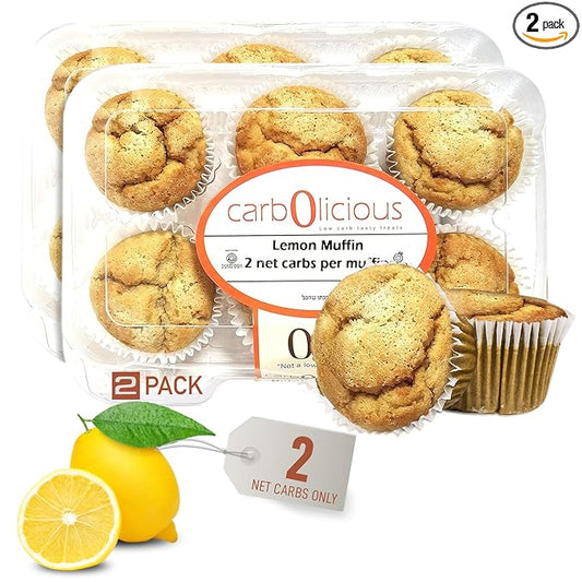 Low Carb Lemon Muffins 12 Pcs (2-Pack) by Carb-o-licious - Delicious Keto Mini Muffins with Only 2 Net Carbs, 9g Protein - Sugar Free Cupcake Style Healthy Snack Made, Almond Flour, Low-Carb Treat