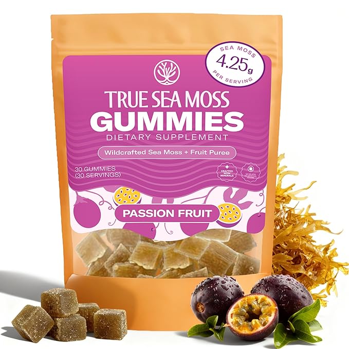 True Sea Moss Gummies – High Potency 4250mg Wildcrafted Irish Sea Moss Gel Extract per Serving + Passion Fruit Flavor – With Coconut Sugar & Real Fruit Purée – 30 Gummies (30 Servings)