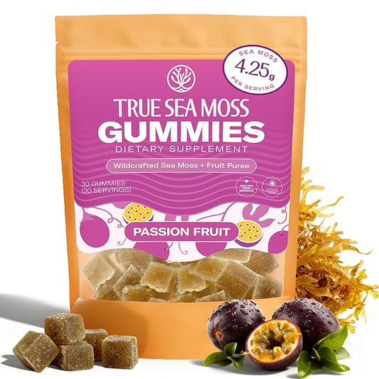 True Sea Moss Gummies – High Potency 4250mg Wildcrafted Irish Sea Moss Gel Extract per Serving + Passion Fruit Flavor – With Coconut Sugar & Real Fruit Purée – 30 Gummies (30 Servings)