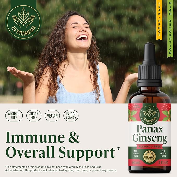 HERBAMAMA Panax Ginseng Root Tincture - Vegan Energy Support with Korean Red Ginseng Extract Liquid Drops - Non-GMO, Alcohol & Sugar-Free Immune Support Supplement - 28-Day Supply