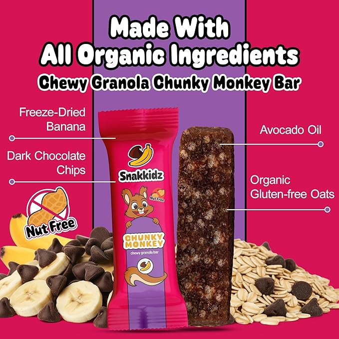Snakkidz Organic Chewy Granola Bars for Kids, Allergen-Free, Nut-Free, Gluten-Free, Low Sugar Snack Bars Made with Avocado Oil, Individually Wrapped, School Lunch Snacks, Bulk Pack of 15, Chunky Monkey