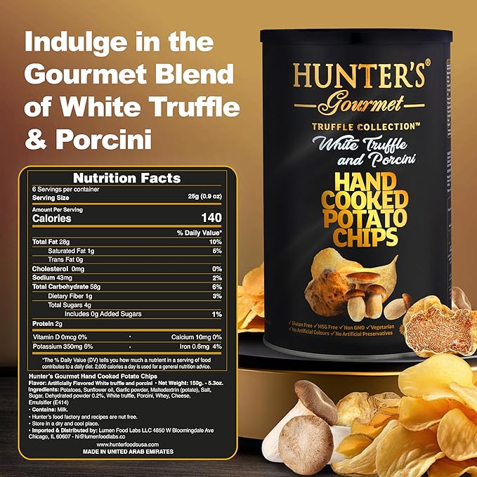Hunter's Gourmet Premium Truffle Chips | No Artificial Colors or Preservatives | Hand-Cooked | Made with 100% Sunflower Oil | White Truffle & Porcini | Gluten-Free Snacks | Pack of 4 | 150g