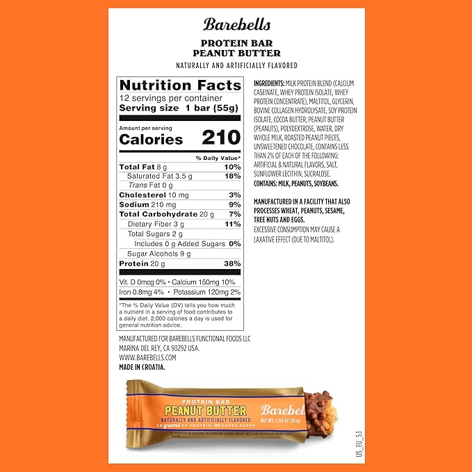 Barebells Protein Bars Peanut Butter - 24 Bars (2 Packs of 12), 20g High Protein Treats - Chocolate Peanut Butter Nutrition Bar with 1g Total Sugars - On-The-Go Breakfast or Post-Workout Snack