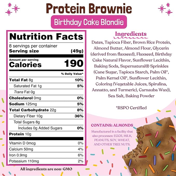 Elavi Birthday Cake Blondie Protein Brownie, 10g Protein, 10g Fiber, Non-Dairy, Vegan & Gluten Free, Delicious Guilt-Free Snack | No Artificial Flavors, No Added Sugar, No Sugar Alcohols, Dye Free Sprinkles, Kid Friendly (8 pack)
