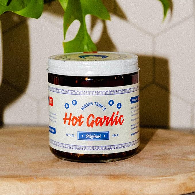 Mama Teav's Hot Garlic Chili Crisp - Spicy, Crunchy, Umami Chili Oil with Garlic & Cambodian Chilis - Vegan, Gluten-Free, All-Natural - Cold-Pressed Grapeseed Oil - 16oz Jar