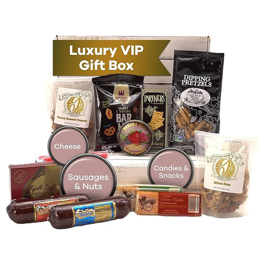 Gift Basket Village: V.I.P. Gift Box - Deluxe Assortment of Sausages, Nuts, Cheese, Candies & Snacks, Ideal for Any Occasion