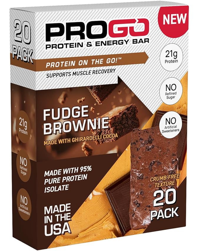 ProGo Protein Bars, Energy Bars - 21g Clean Protein, Made with 95% Pure Isolate, Tallow, Collagen, Real Ingredients - Low Calorie, No Artificial Sweeteners (20-Count, Fudge Brownie)