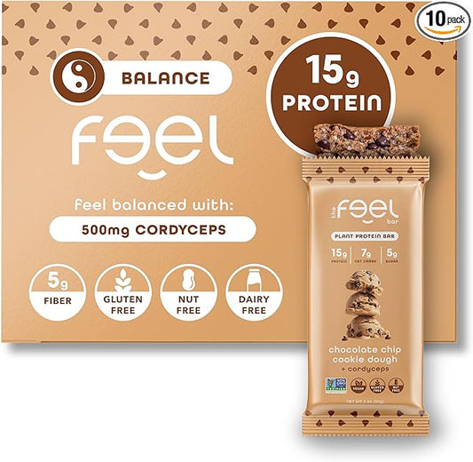 Feel Vegan Protein Bars, Balance, Cordyceps, 15g Protein, Adaptogenic Snack, Organic, Low Carb, Gluten Free, Dairy, Nut, Grain, Soy Free, Cookie Dough, 10 Pack