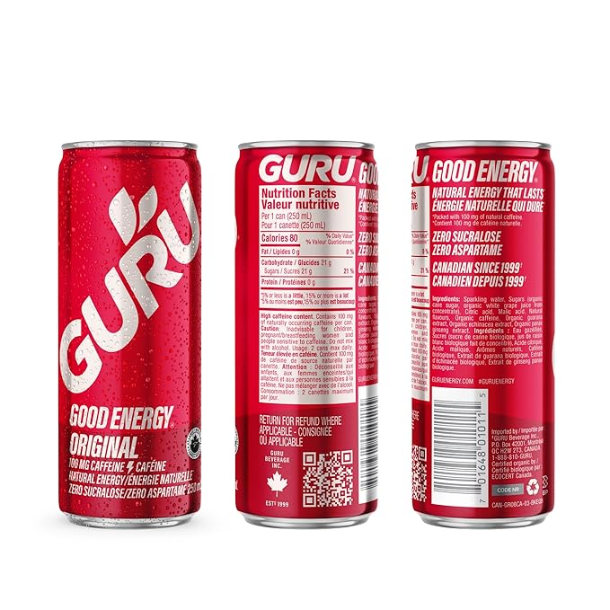 GURU Original Organic Energy Drinks, Clean Energy Drink with Plant Based Natural Caffeine from Green Tea, Gluten Free and Vegan, 100MG Caffeine, Healthy Drinks, 8.4oz (Pack of 24)