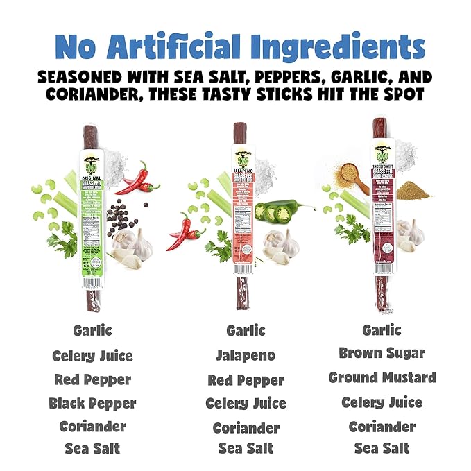 Variety - Original, Jalapeno, Smokey Sweet Flavors Grass Fed Beef Stick, Sogo Snacks, Gluten-Free Snack, Road Trip Snacks, Snack Pack of 12, Spice Level 0-3.5 of 5 Jerky Sticks