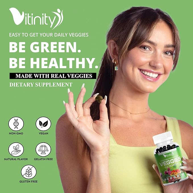 VITINITY Super Greens Multivitamin Gummies | Made with 30 Real Superfood Veggies, Herbs, Fruit for Adults & Kids to Boost Immunity, Skin & Gut Health | Non-GMO, Gluten-Free & Sugar-Free 30-Day Supply