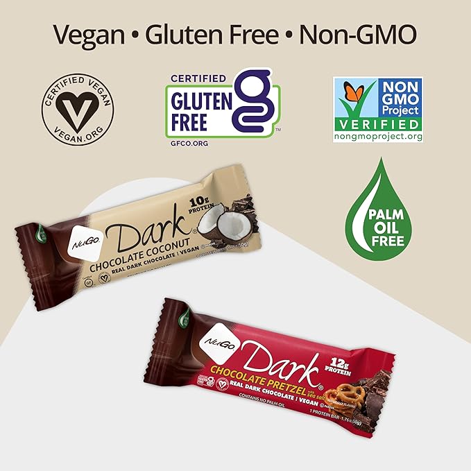 NuGo Dark Chocolate Almond w/Sea Salt, 12g Protein Bar, Vegan, Gluten Free, Non-GMO, Kosher Pareve, 12 Count