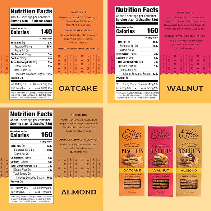 Effie's Homemade Biscuits - Variety Pack - Oatcakes, Walnut, Almond - 3 Pack