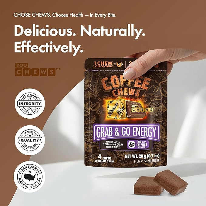 YouChews Coffee Chews - Grab & Go Energy with 100mg per Chew of Clean, Green Caffeine. With Real Organic Ingredients, Low Sugar, Great Bold Taste & Long Lasting Energy Boost (4 Counts)