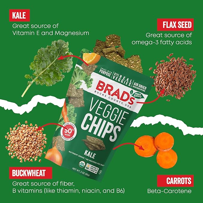 Brad’s Plant-Based - Organic Veggie Kale Chips - Healthy Snacks Delicious - High Protein & High Fiber Snacks - Low Carb - Organic Veggie On-the-Go Kale Chips - 3 Oz (Pack of 5)