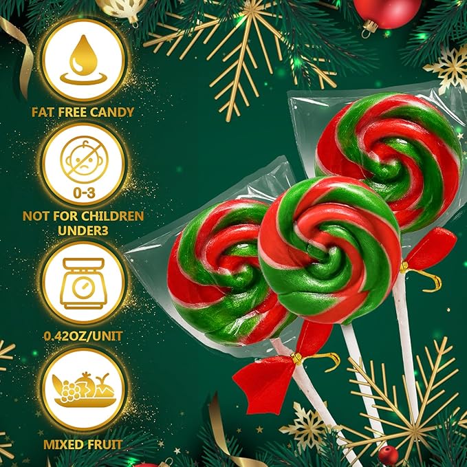 32 Pack Red-and-Green Twisty & Swirl Lollipops with Red Ribbon Bow, Lollipops Swirl Candy Individually Wrapped Bulk, Candy Lollipop Suckers for Christmas Stocking Stuffer & Candy Gifts
