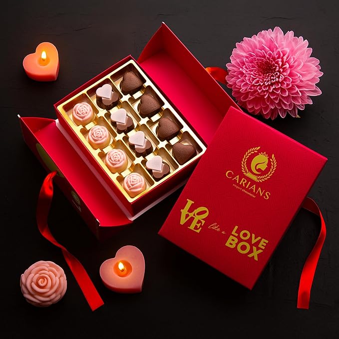 Carian’s Bistro Belgian Chocolate Gift Box of Love, Luxury Milk Chocolates with Strawberry and Hazelnut Cream, Great For Gift Giving, Valentine's Day and Anniversary for Lovers, 12 pc.