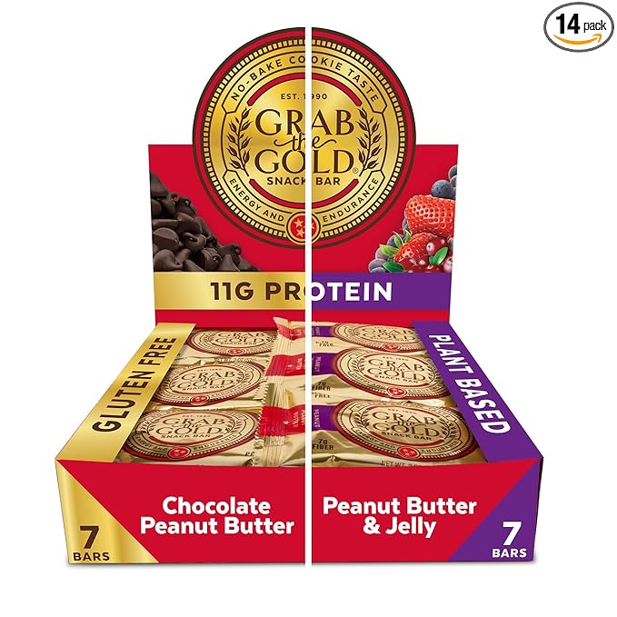 Grab The Gold Protein Snack Bar Variety Pack | Plant-Based Protein, Gluten-Free, Vegan, Dairy-Free, Kosher | 14 Count Variety Pack 7 Chocolate Peanut Butter & 7 Peanut Butter & Jelly
