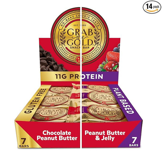 Grab The Gold Protein Snack Bar Variety Pack | Plant-Based Protein, Gluten-Free, Vegan, Dairy-Free, Kosher | 14 Count Variety Pack 7 Chocolate Peanut Butter & 7 Peanut Butter & Jelly